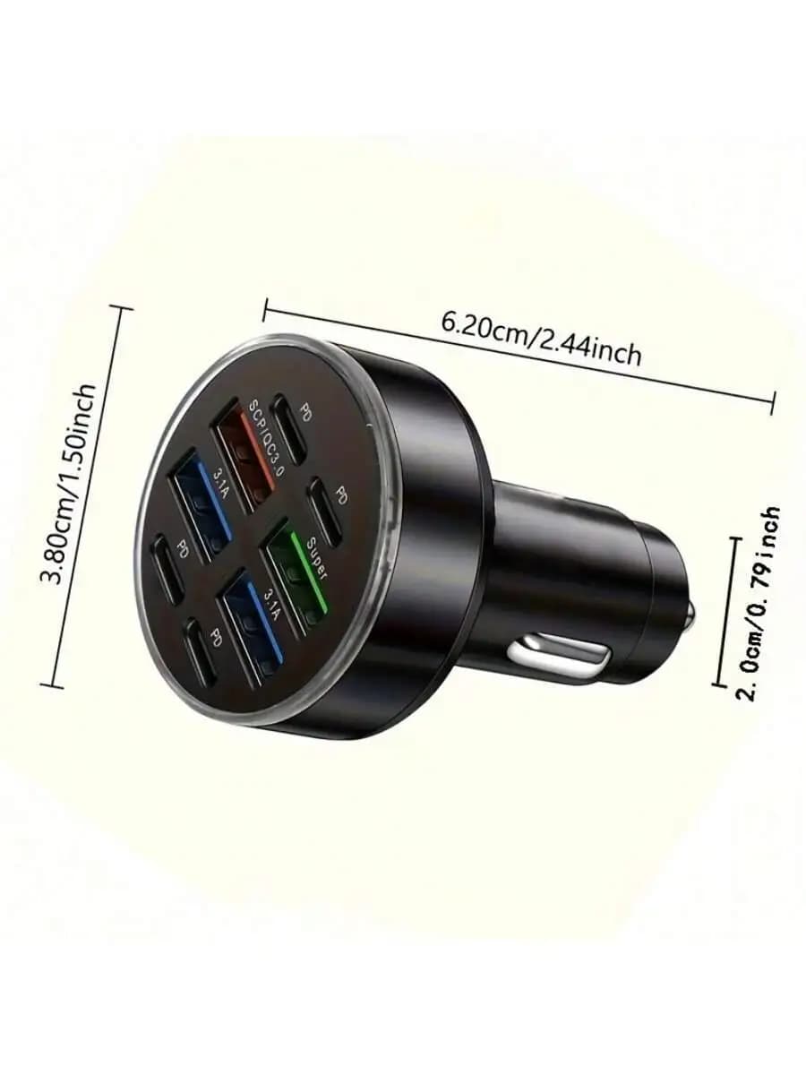 Caricabatterie da auto a 8 porte: 4 porte USB 3.1A + 4 porte PD, ricarica rapida QC3.0, anello LED, design compatto per dispositivi iPhone e Android