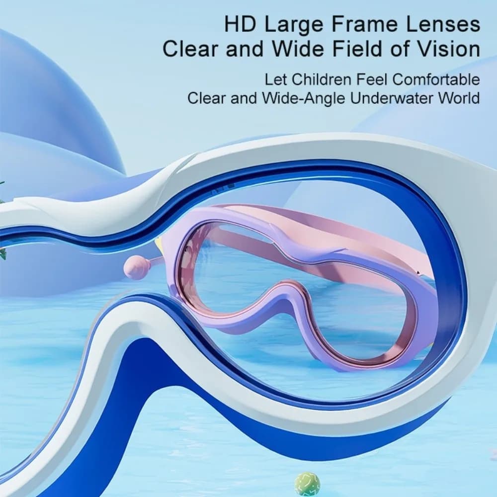 Large Frame Swim Goggles Anti Fog with Ear Plug Swimming Goggles Wide View PC Glass Diving Goggles Set Boys and Girls