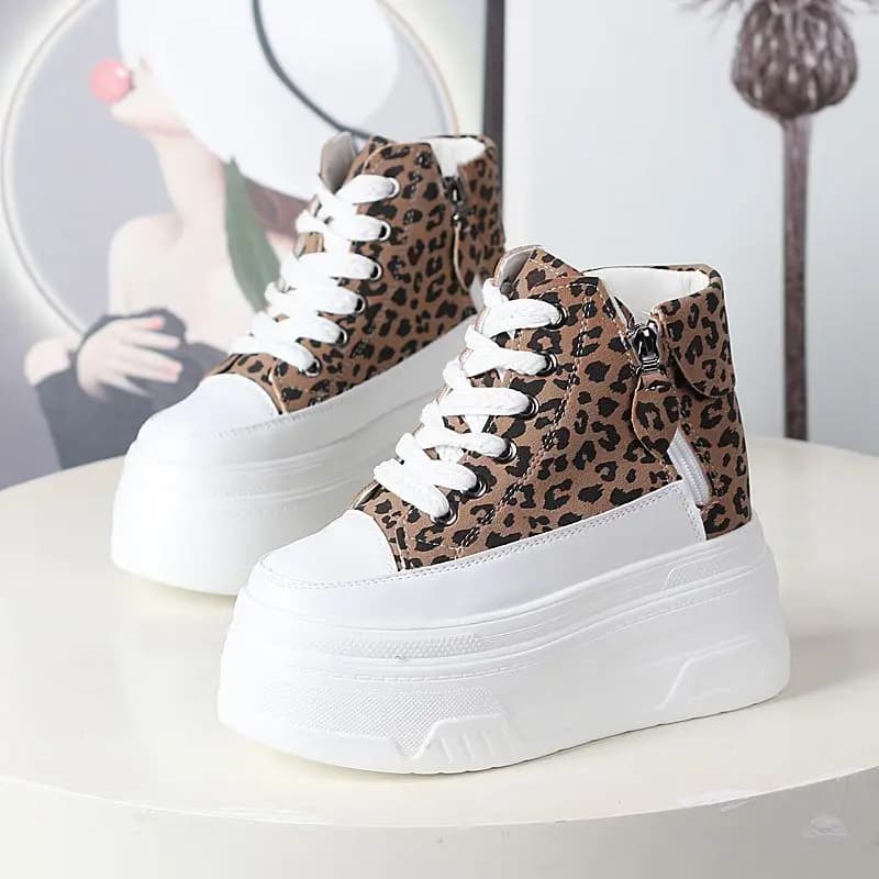 Stivali Platform con Zeppa Alta 12CM in Vera Pelle, Sneakers con Tacco, Stivaletti alla Caviglia, Scarpe Comode da Donna