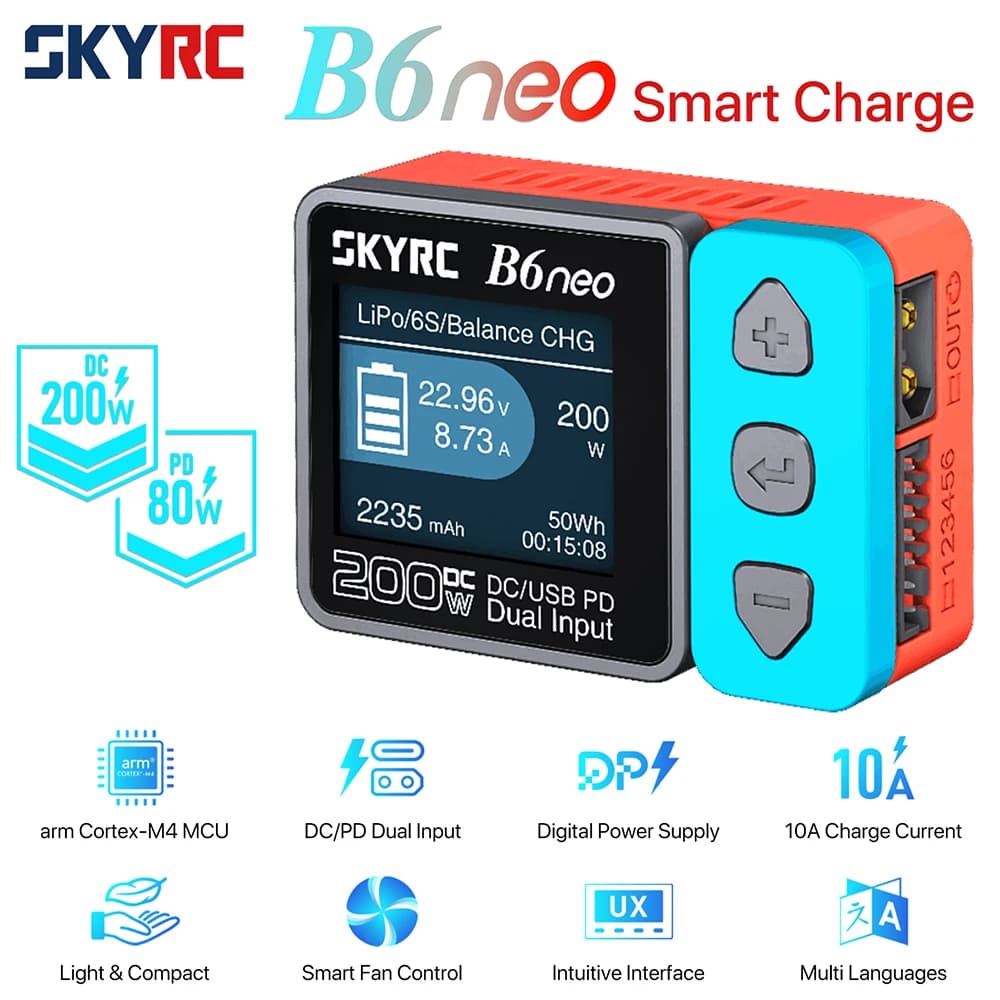 Caricabatterie intelligente SkyRC B6 neo Caricabatterie bilanciato batteria LiPo DC 200W PD 80W SK- 100198 Scaricatore caricabatterie compatto 6S