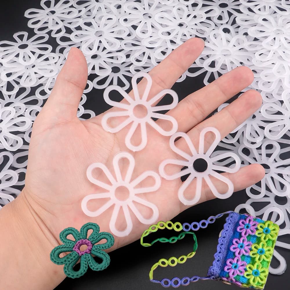 200 pcs white plastic flower-shaped weaving mesh belts - DIY-Yu-made accessories for crochet bags, wallets, seat cushions and more