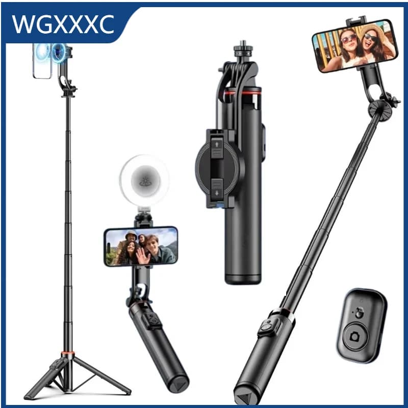 360° Rotation Universal Extendable Magnetic Selfie Stick Phone Tripod Stand Adjustable with Detachable Remote for iPhone Android
