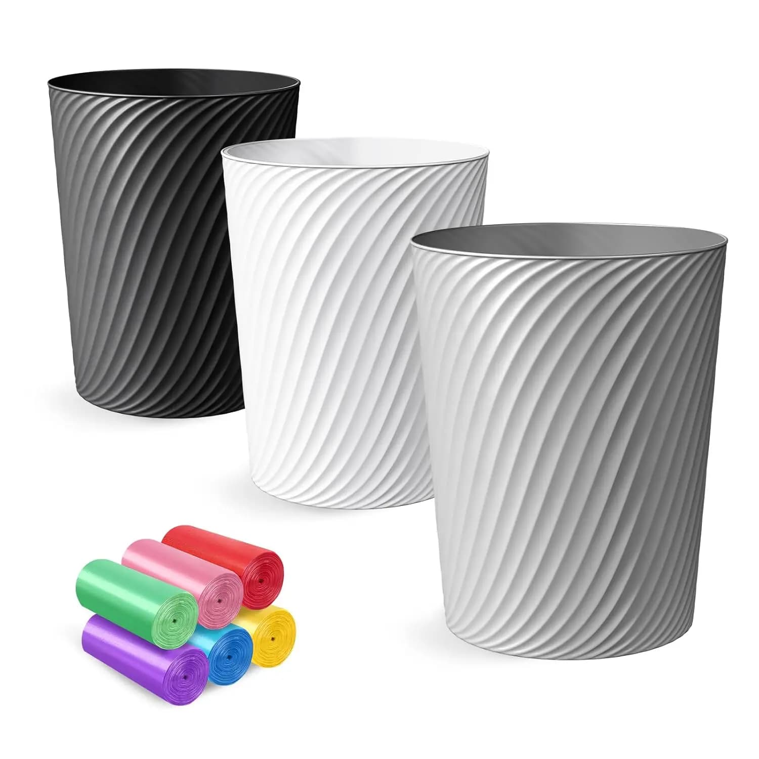 Set di 3 Piccoli Cestini per Rifiuti da 6,8 Litri con 6 Sacchetti, Contenitori Compatti per Bagno, Camera da Letto, Ufficio, Cucina
