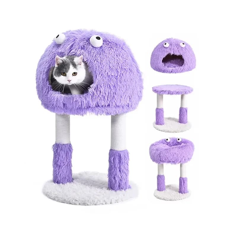 Factory Wholesale Dumb Monster 3 in 1 Purple Warm PV Long Plush Cat Bed Cat Tree Tower Houses Scratches Climbing