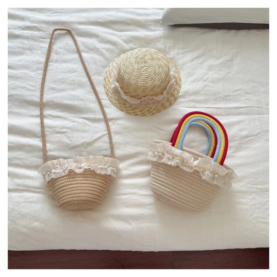 Set Cappello di Paglia Estivo e Borsa per Bambini, Borsa Intrecciata con Manico Carino e Bordo in Pizzo, Cappello da Sole per Bambine, Borsa da Spiaggia Intrecciata BT14