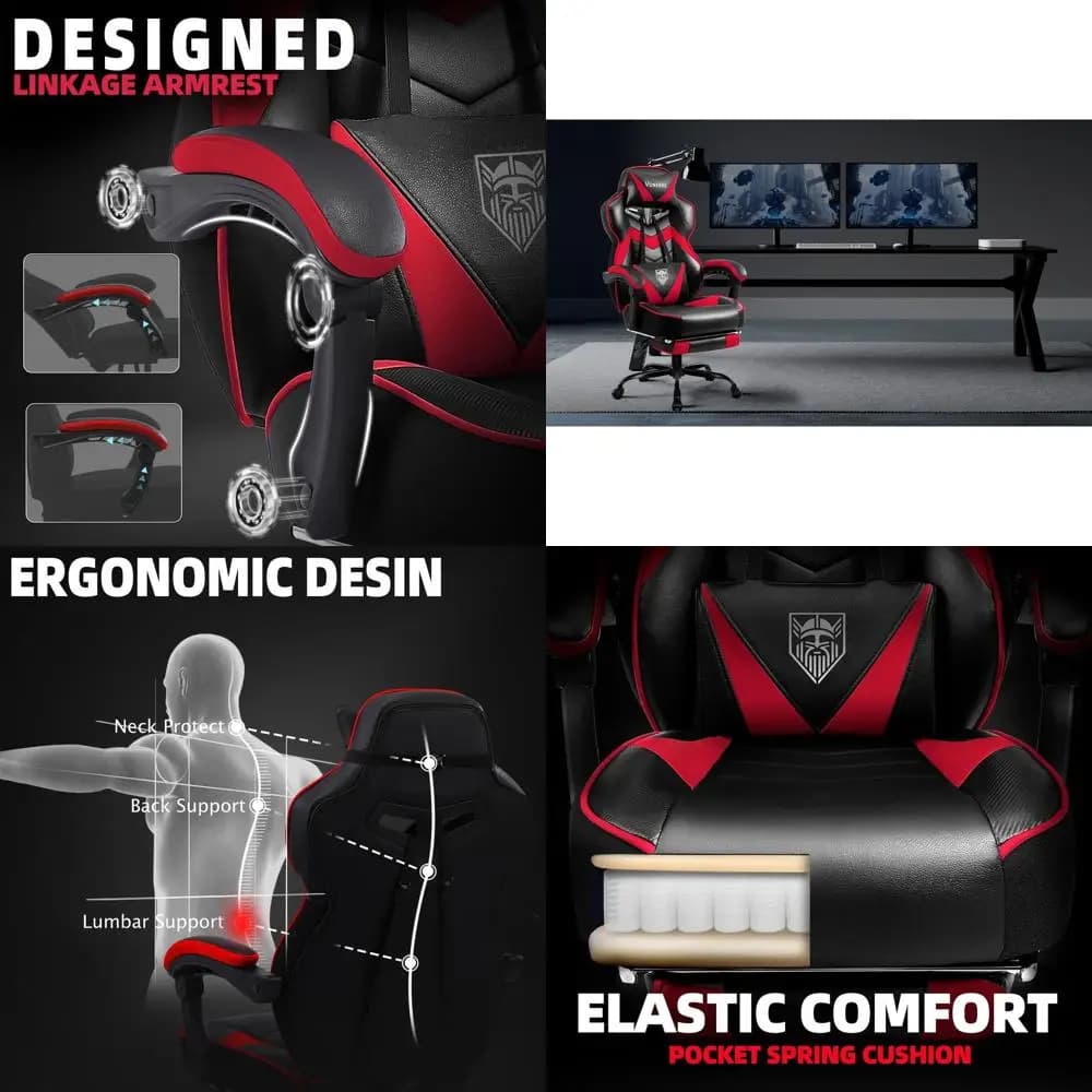 Sedia da Gaming Ergonomica con Schienale Alto, Poggiapiedi, Massaggio e Supporto Lombare per Adulti - Rosso/Nero
