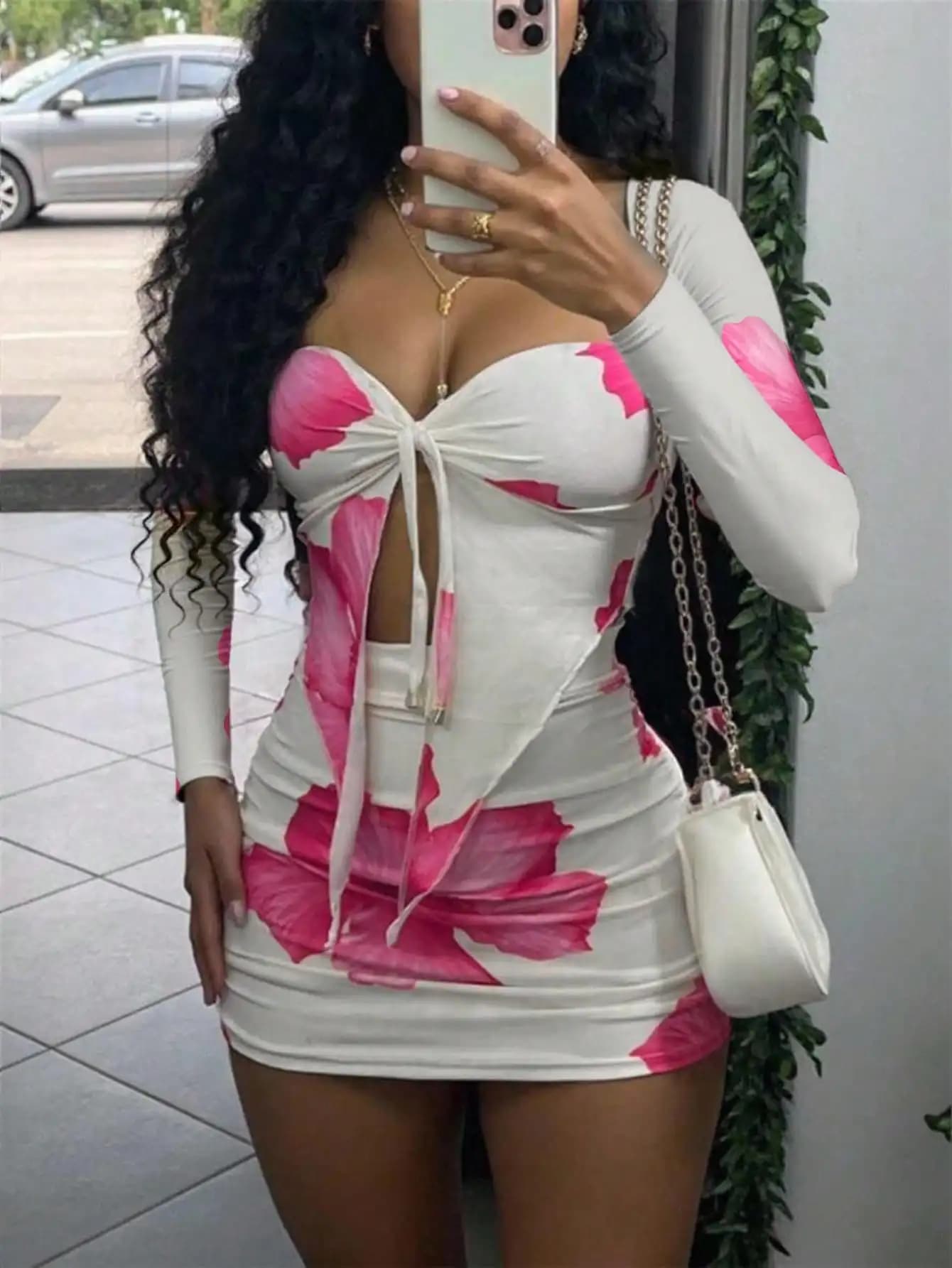 Women's long sleeved dress with floral print, frontal knot and cut-out, sexy summer mini dress