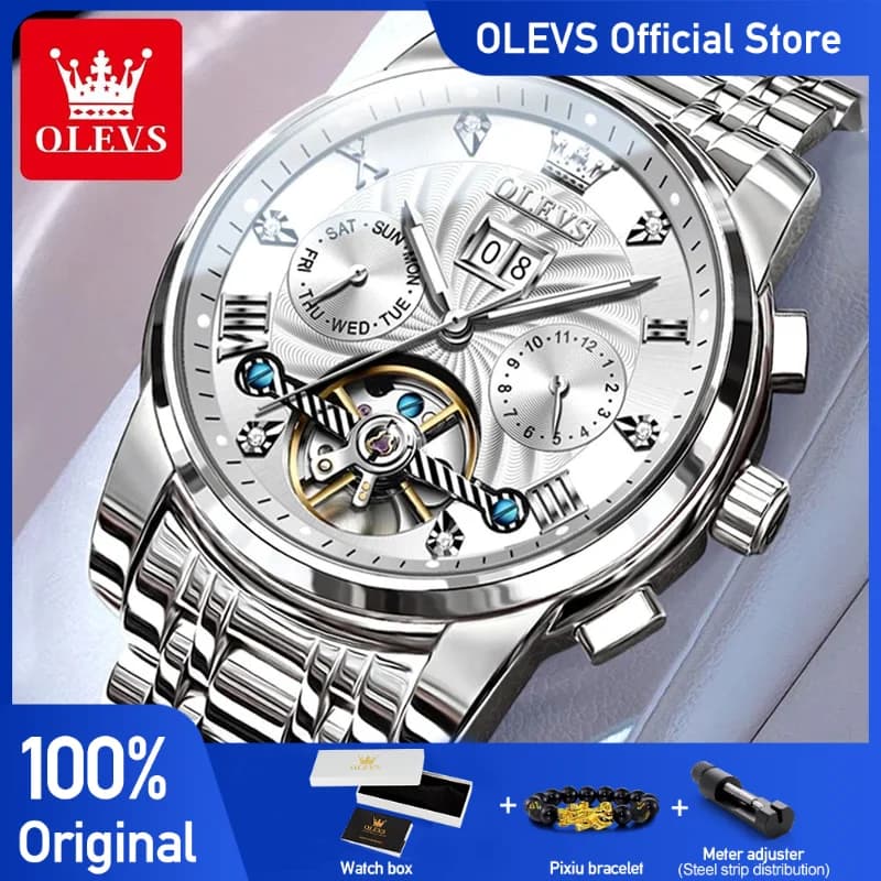 OLEVS Orologi da uomo Classic Busniess Orologio da calendario multifunzionale per uomo Impermeabile luminoso automatico volano meccanico