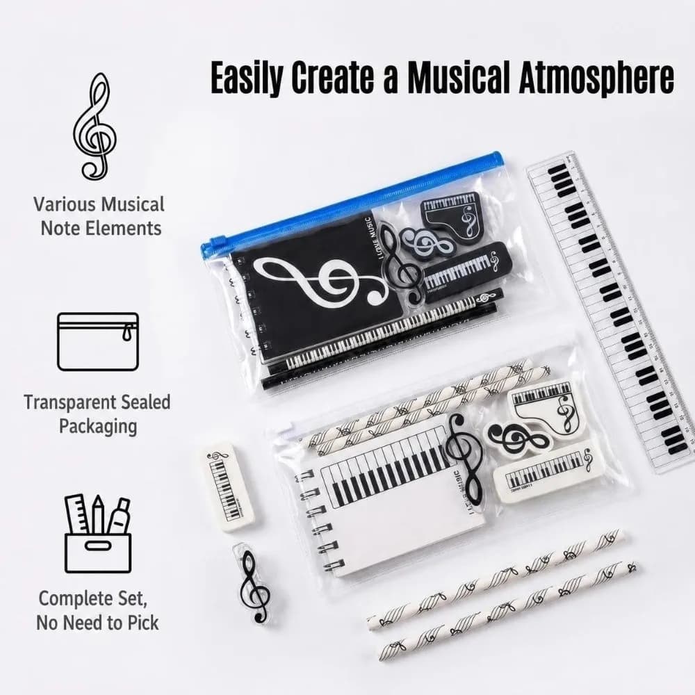7/8Pcs Ins Style Piano Treble Clef Print Stationery Set Musical Theme Ruler Pencil Erasers School Supplies