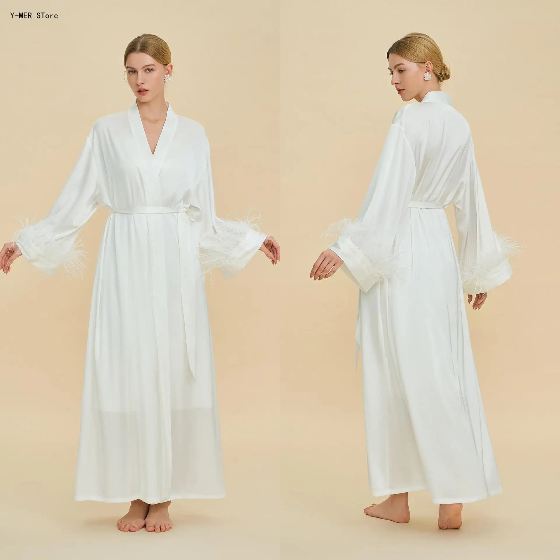 Women Sexy Runway Cape Robe Premium Acetate Fabric with Ostrich Feather Trim Luxury Bathrobe Casual Home Loungewear Sleepwear