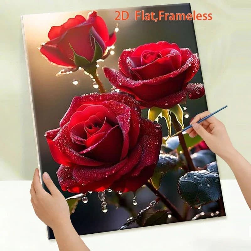 Professional Art Use, 1pc 2D Flat Unframed DIY Adult Paint-by-numbers Kit: Acrylic Painting - Blooming Dewy Vibrant Red Rose, Si