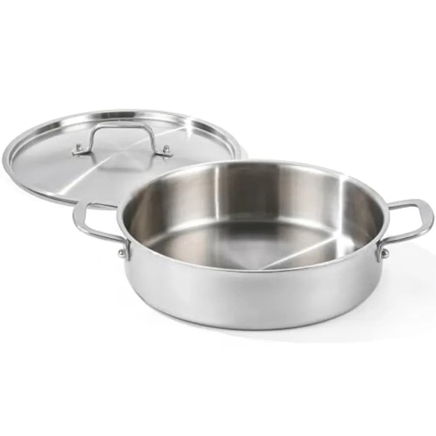 Pentola Braiser Tri-Ply in Acciaio Inossidabile da 3,5 Litri con Coperchio, Pentola Rondeau per Induzione con Coperchio, Padella Profonda da 12 Pollici, Grande Padella per Saltareli
