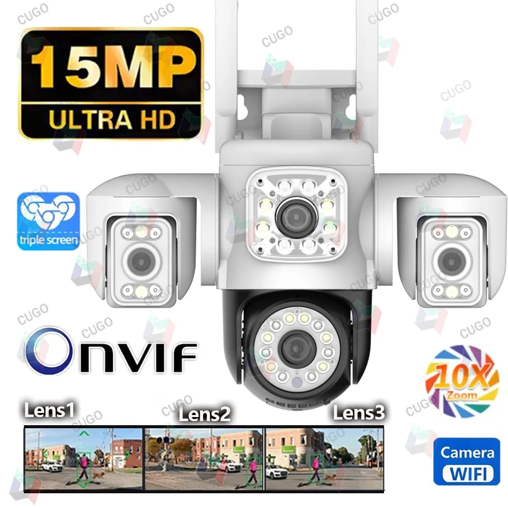 8K 15MP WiFi Camera Outdoor Four Lens Triple Screen 360° CCTV Surveillance Security Protection AI Auto Detect Tracking Camera