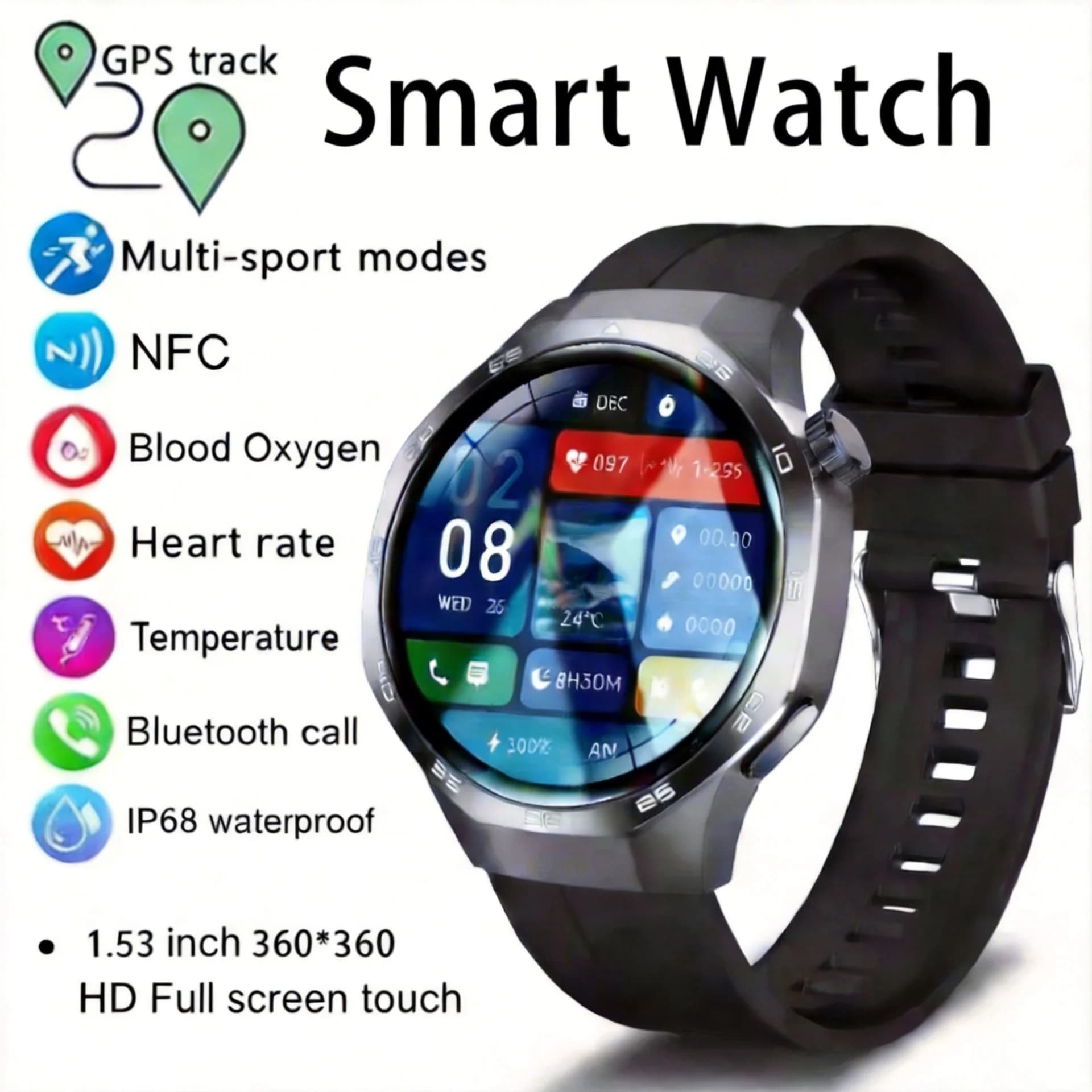 New Smartwatch 2026 with AMOLED HD, NFC, GPS, Bluetooth, Waterproof, 100+ Sport, Fitness and Health for Men and Women