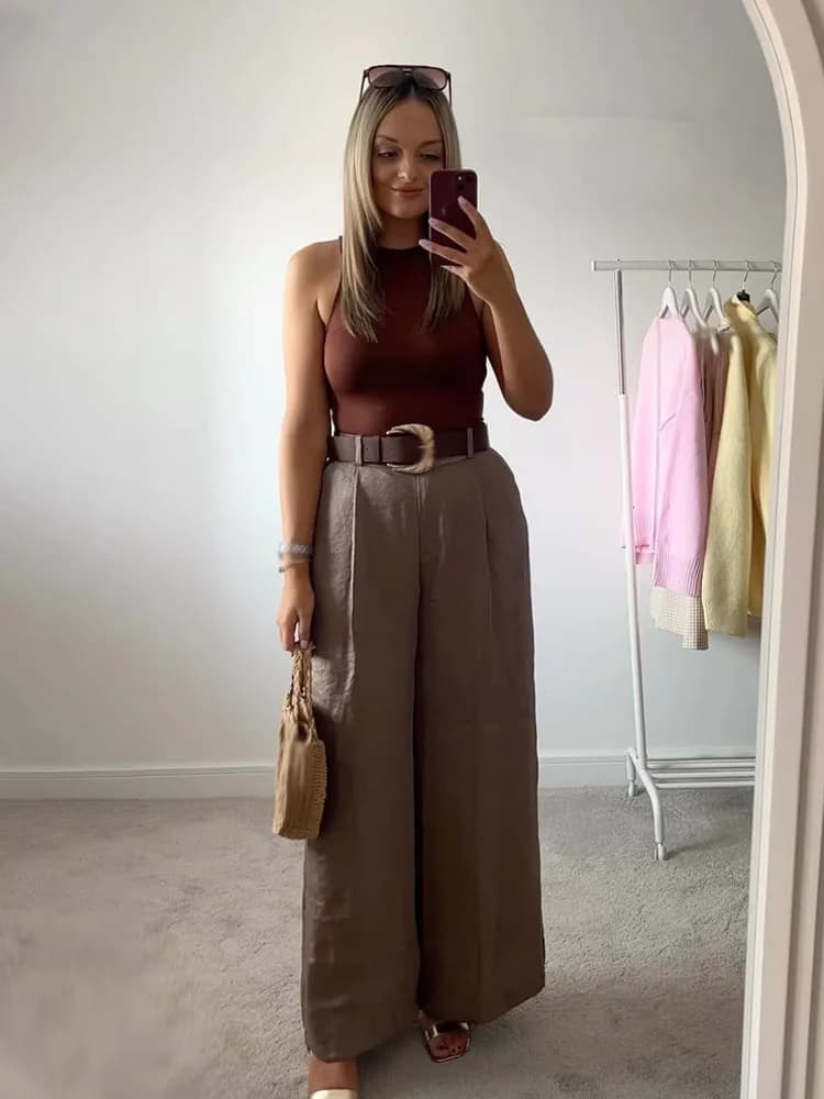 HH Donna Elegante Tasca laterale Cerniera Gamba larga Pantaloni lunghi Donna Chic Cintura solida Rughe Decorare Pantaloni larghi casual