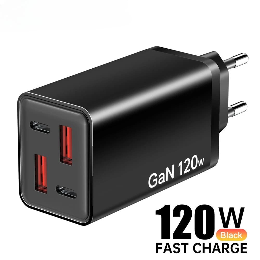 USB C 4 in 1 120W with fast charging GaN technology for iPhone, Samsung, Xiaomi, Huawei, QC3.0, with EU/US plug.