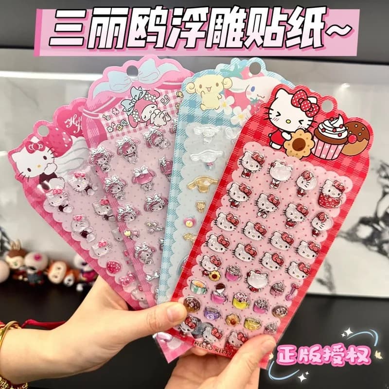 Adesivi in cristallo 3D autentici di Hello Kitty Wow My Melody Kuromi, adesivi rigidi in rilievo, adesivi decorativi piatti fai da te, regalo per bambini