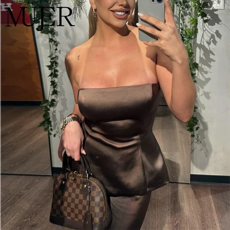 MUJER Corsetto in raso Top Donna con spalle scoperte Crop Top Donna Sexy Backless Bustier Top per donna Canotte senza maniche Set da donna