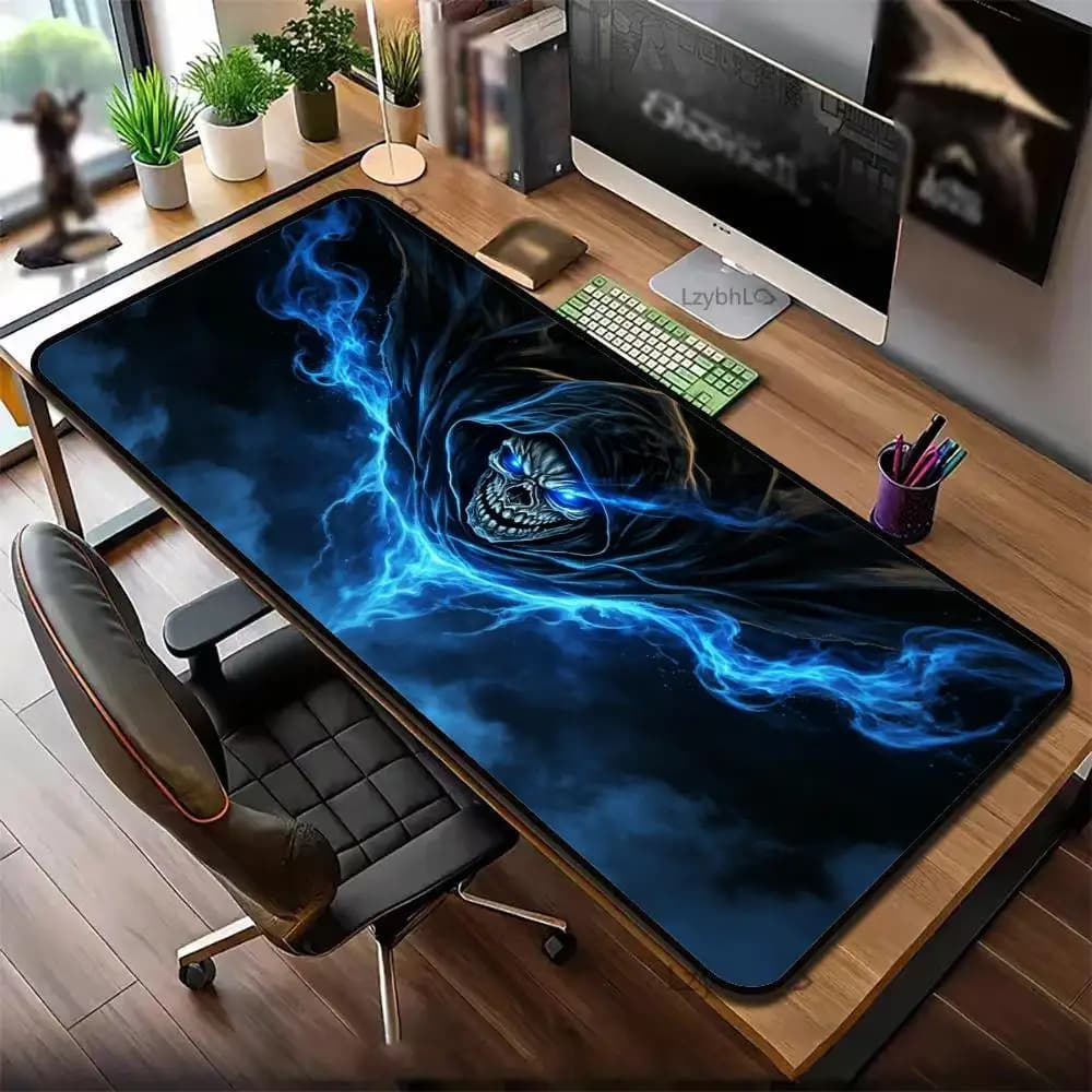 Mysterious Blue Lightning Ghost Skeleton Art Extended Gaming Mouse Pad, Anti-Fade Rubber Desk Mat Dark Fog Skull Print