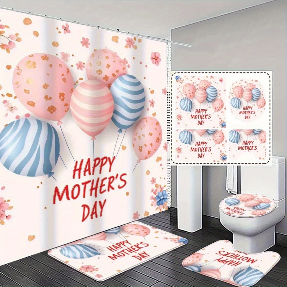 Set regalo per la festa della mamma efficiente e professionale da 4 pezzi: tappeti assorbenti antiscivolo per il bagno e tenda da doccia con festoso