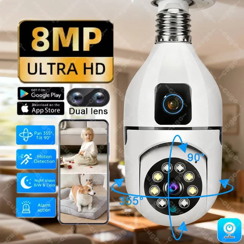 Telecamera IP WiFi 8MP con Lampadina E27, Doppia Lente, Monitor per Bambini, Audio Bidirezionale, Tracciamento AI, Telecamera di Sorveglianza Smart per Casa