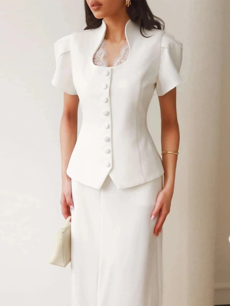 Elegante T-shirt Estiva da Donna a Maniche Corte con Colletto Rialzato, Inserti in Pizzo e Chiusura Monopetto, Tunica Femminile Tinta Unita, Abbigliamento da Festa per Donne
