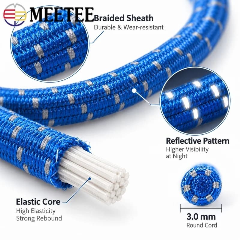 10/20M 3mm Round Elastic Cord Reflective Stretch Bungee Rope for Sewing Garment Drawstring Waistband Bag DIY Crafts Accessories