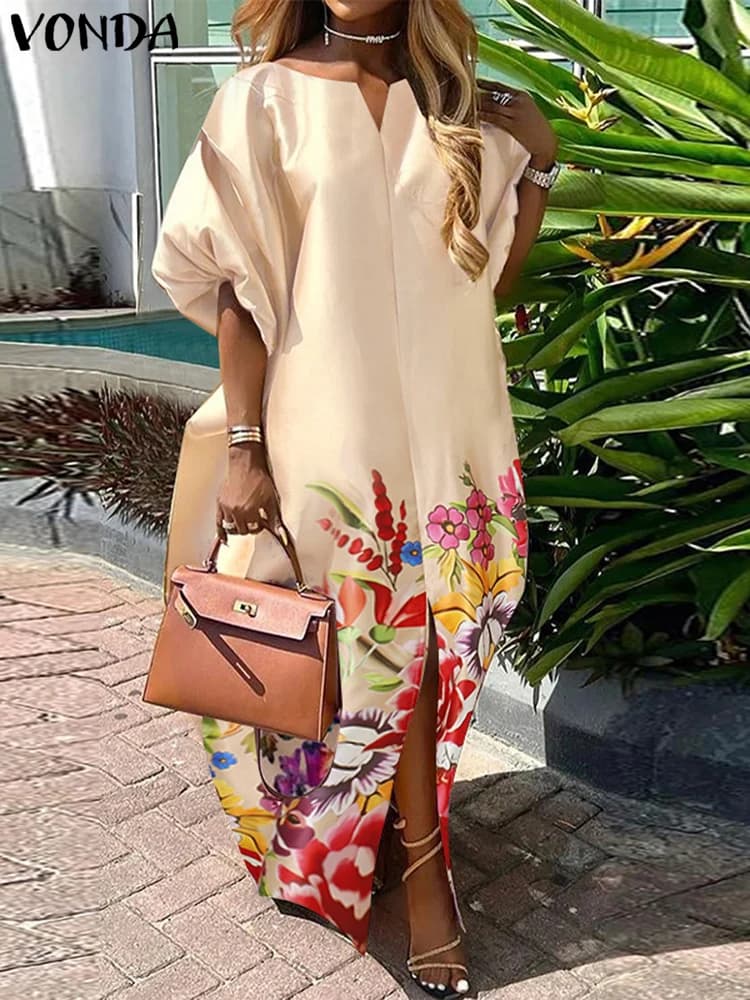 VONDA Bohemian Maxi Abito Lungo Donna Raso di Seta Vestito Estivo Elegante Estate Mezza Manica Con Scollo A V Abiti Oversize Casual Abito Allentato