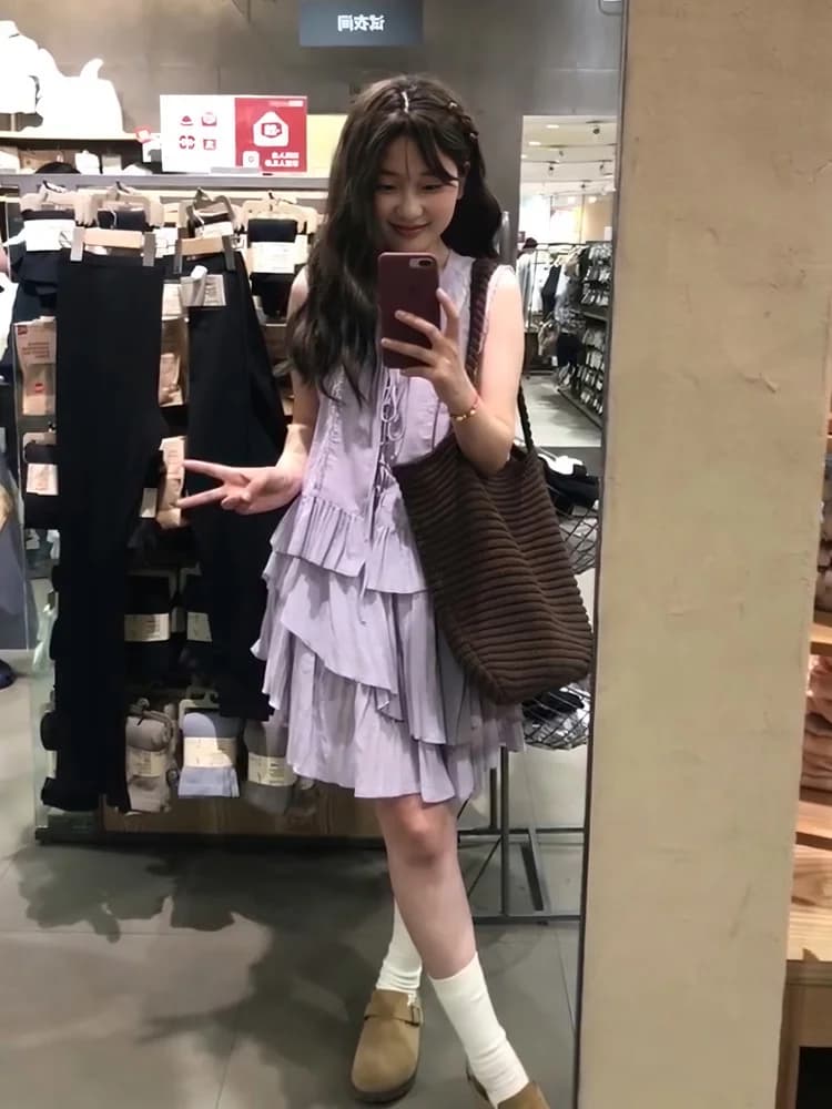 College Style Two-Piece Set Irregular Hem Gingham Vest Dress Purple Casual Fashion Ensemble High Waist round Neckline Summer ...
