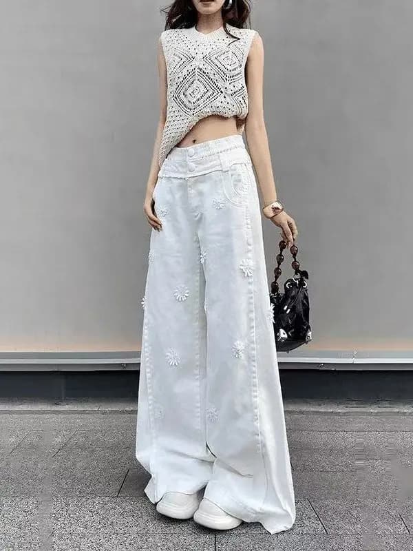 American Style Embroidered White Jeans High Waist Loose Slim Straight Casual Pants Women's Spring Summer New Arrival