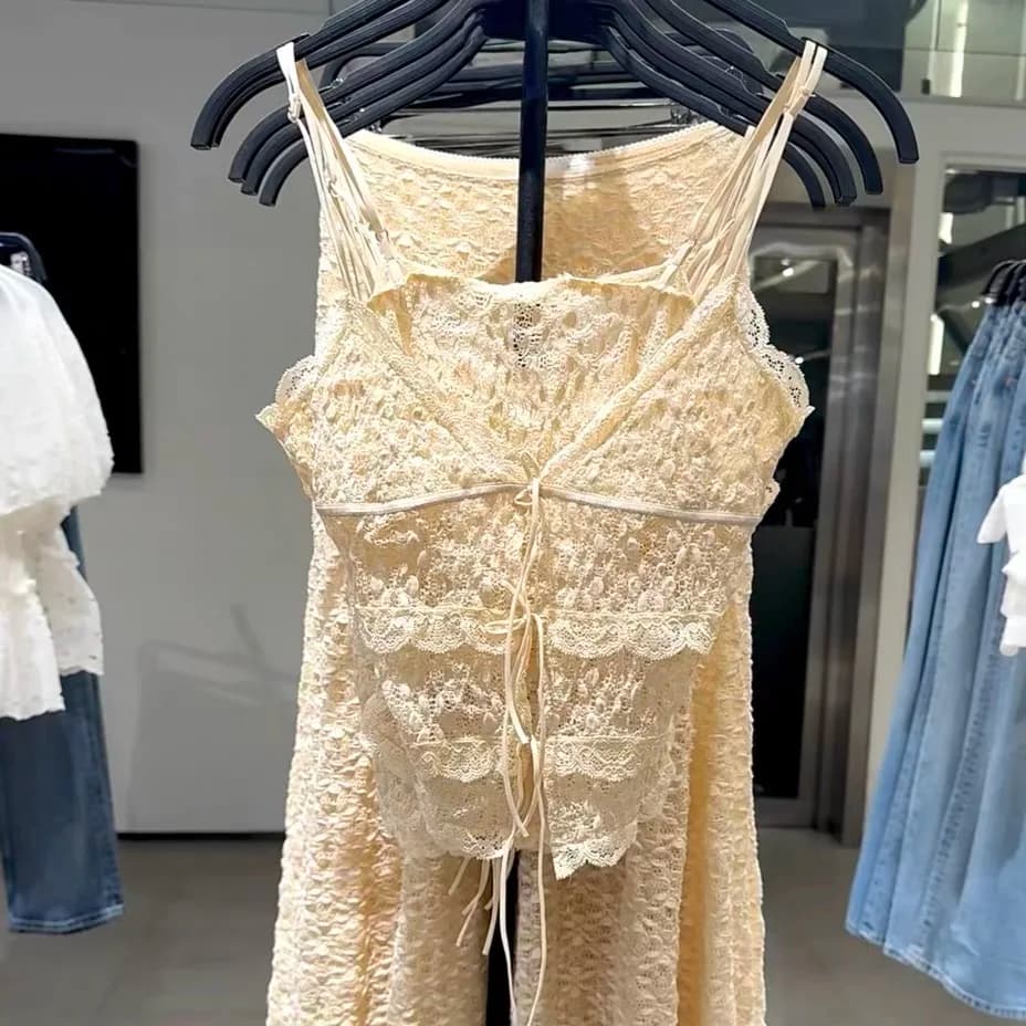 Summer 2026 New Style Lace V-neck Knot Strap Vest Tie Inner Wear Top Women's Short Length Fashionable Underwear