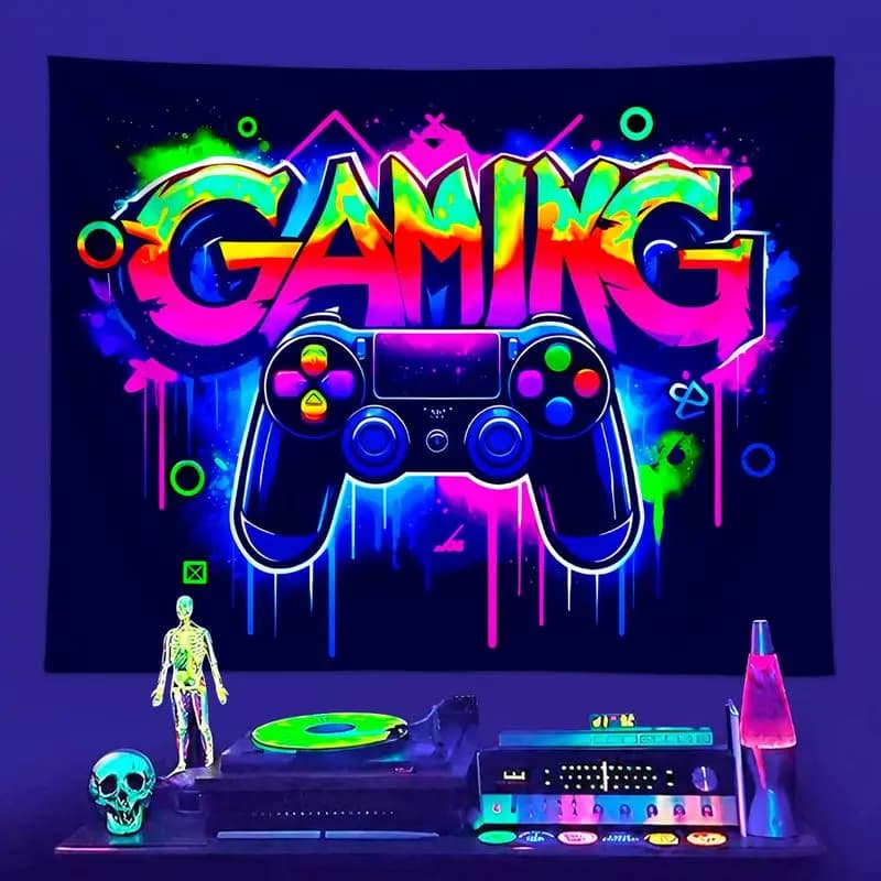 VIKAMA Blacklight Gaming Controller Tapestry Neon Gamer Graffiti RGB Led Glow Dark Wall Hanging Gaming Room Boy Bedroom Decor