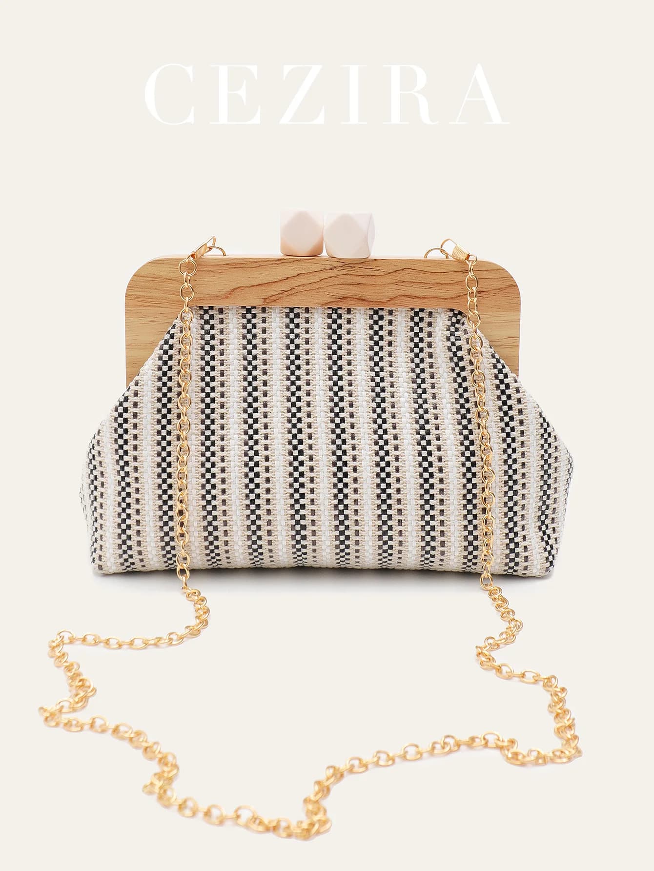CEZIRA Pochette da donna in paglia intrecciata alla moda Magnete in legno Chiusura a bacio Borsa da spiaggia a strisce colorate Borsa a tracolla a catena lunga
