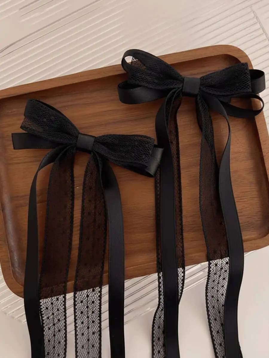 2pcs Black Bowknot Hair Clips, Vintage French Lace Polka Dot Mesh Hair Clips, Elegant Satin Bow Hair Clips Suitable For Women An