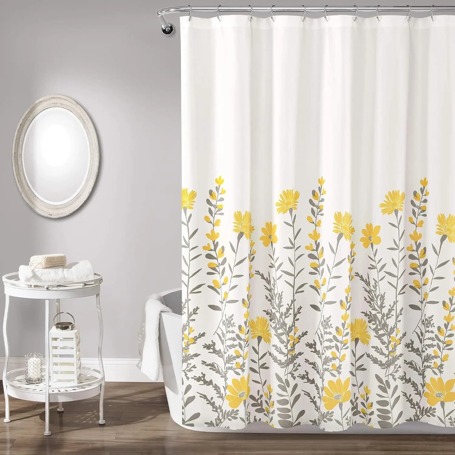 Floral Shower Curtain 72x72, Yellow & Gray Garden Print for Bathroom