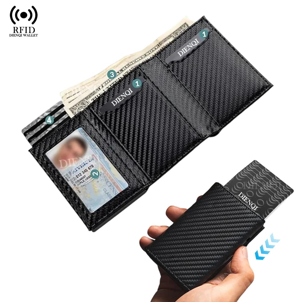 Portafoglio con Blocco RFID, Custodia Magnetica Pop-Up in Metallo, Porta Carte di Credito, Porta Carte Piccolo, Portafogli Trifold Smart da Uomo, Cartera Hombre