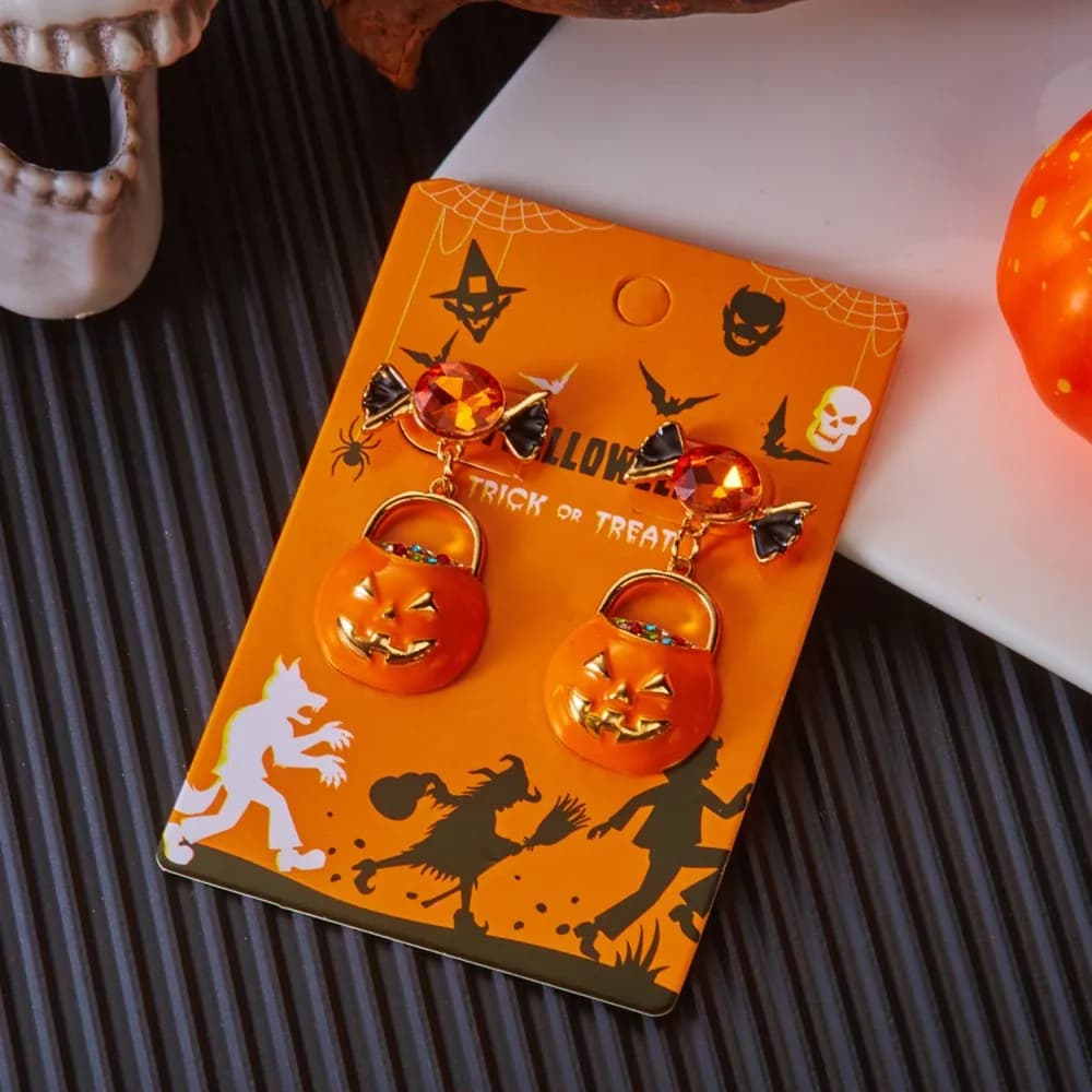 Halloween Candy Bat Pumpkin Bucket Dangle Earrings Gold Plated Orange Enamel Cubic Zirconia Spooky Holiday Lightweight Jewelry For Women