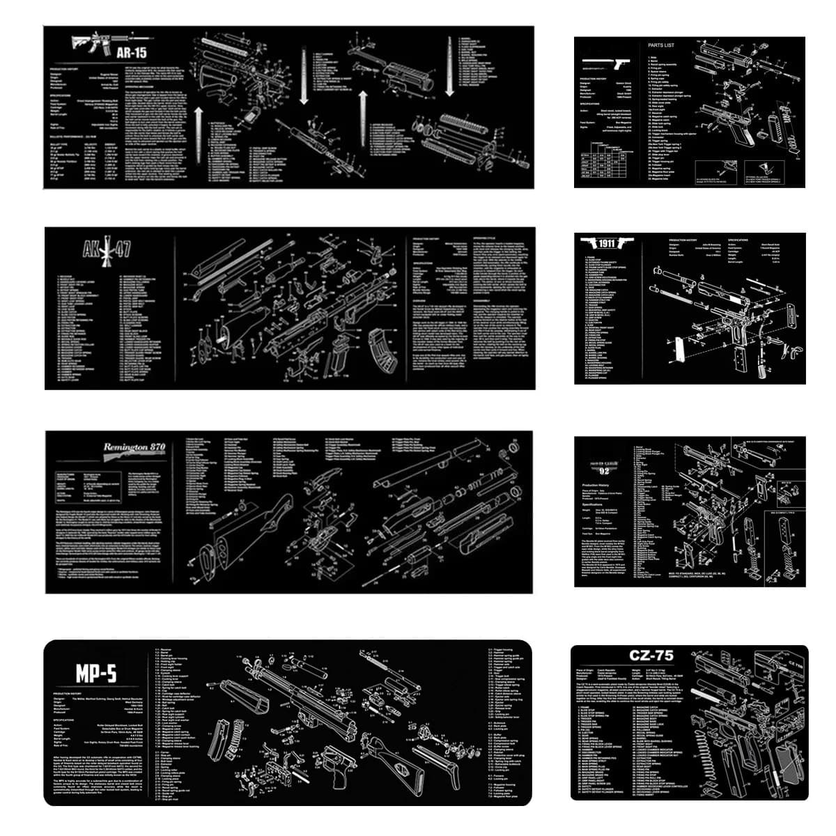 Tappetino in gomma per pulizia e diagramma parti per AR15 AK47 Remington 870 K98K MP5 G17 CZ-75 1911 Bere 92 PX4 Walther PPQ