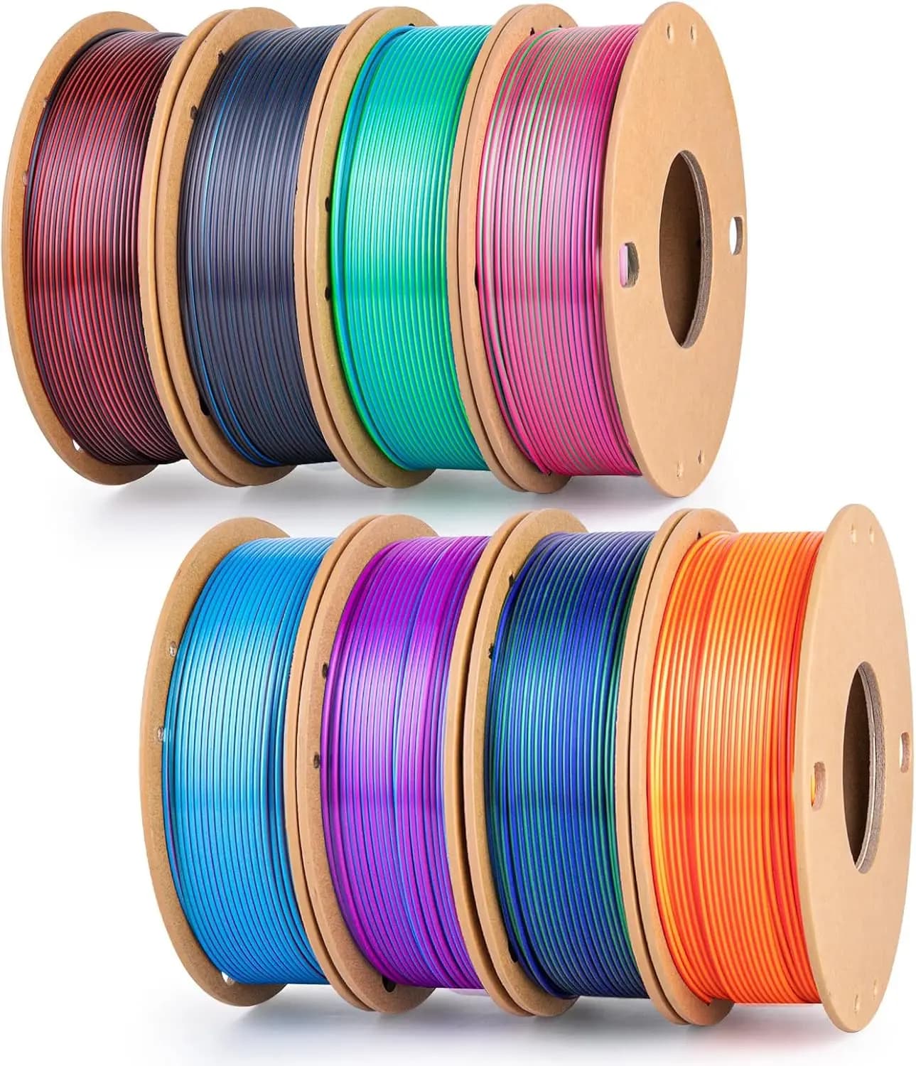 Filamento per Stampa 3D in PLA+ Effetto Seta, Confezione da 8 Bobine Multicolore con Bobine Dual e Tricolore, 1,75mm, 250g Ciascuna