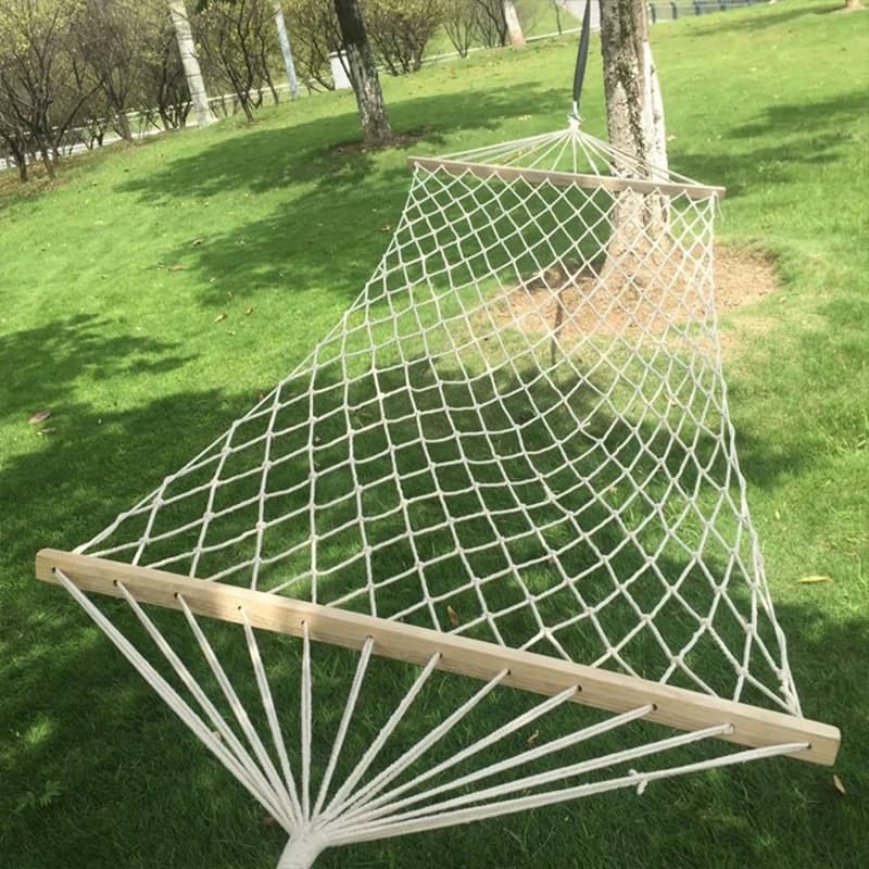 Amaca doppia rete traspirante, altalena stile pesca all'aperto, letto sospeso in corda di nylon anti-punta con spalmatore in legno