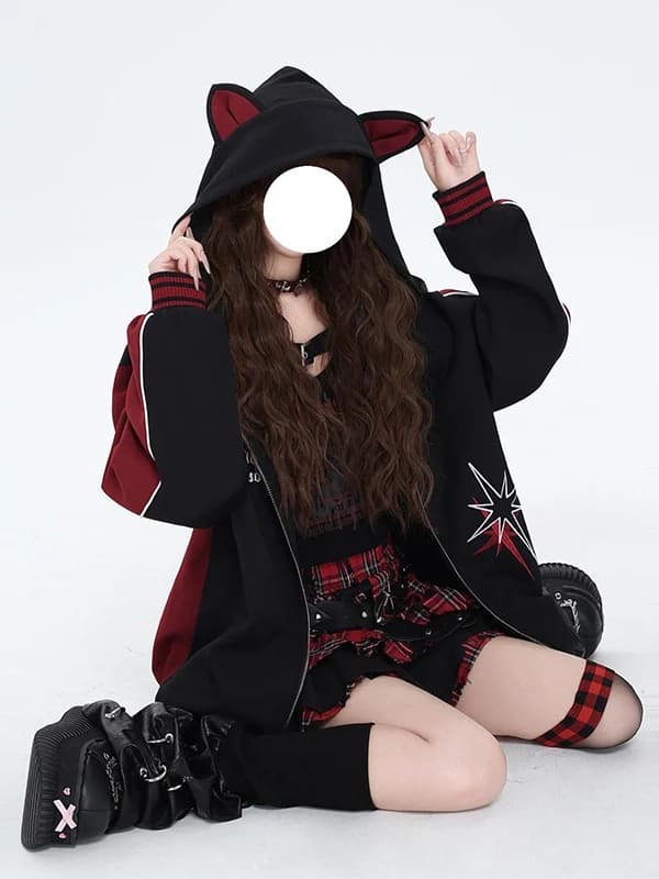 American Style Spliced Lightweight Ear Hoodie Women's Loose Baseball Jacket Open Cardigan Top Autumn Winter Print