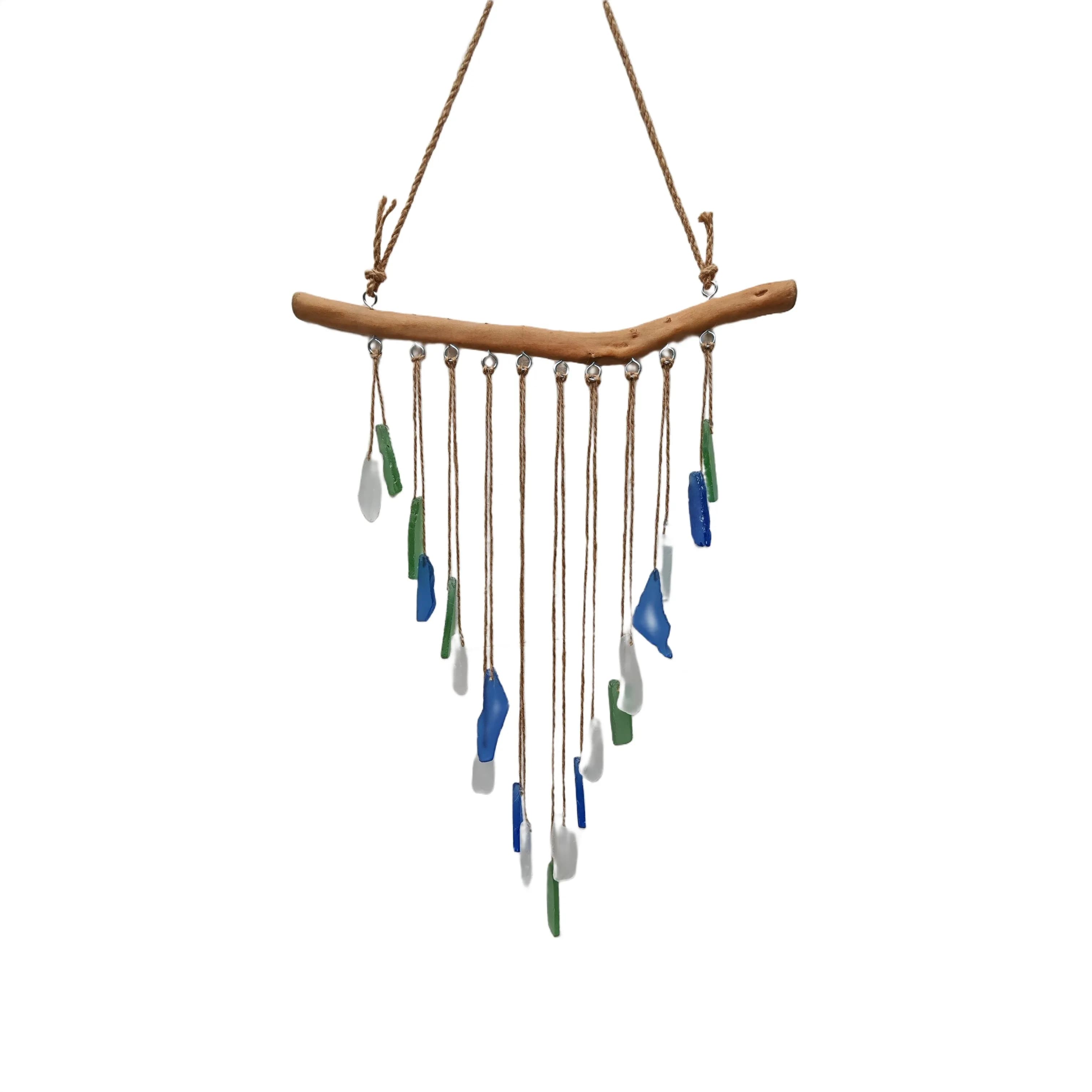 Wind Chime Bohemian Coastal Glass Wind Chime Handmade Driftwood Hanging Decor For Garden Patio Pool Beach Home Decoration