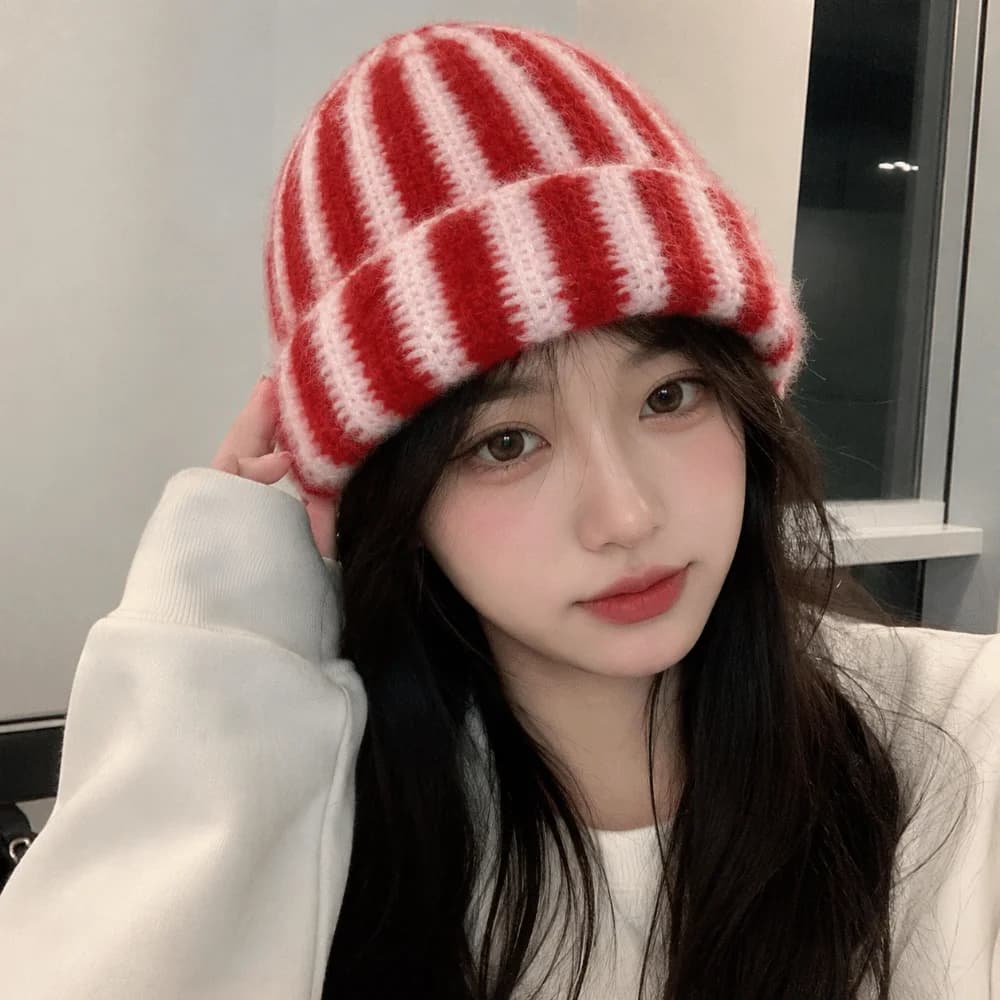 Fold-Up Color Blocked Striped Beanie Hat Soft Thick Ribbed Knit Cap Thermal Windproof Warm Hat Unisex