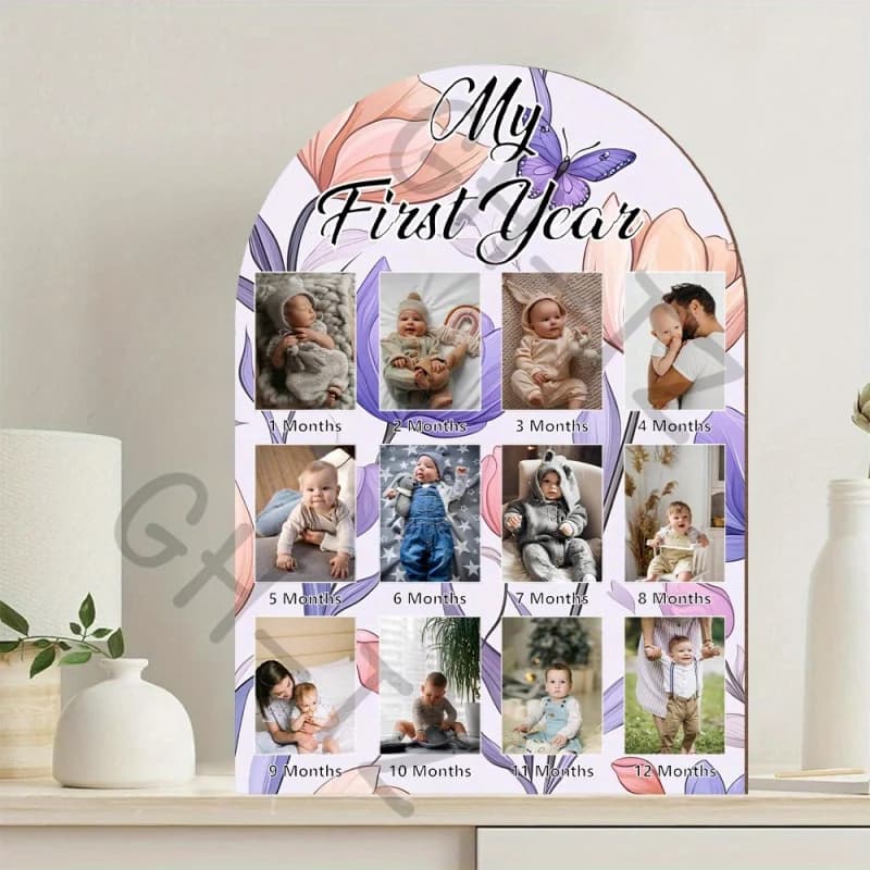 Cornice Fotografica in Legno con Motivi Floreali Pastello per il Primo Anno, Espositore con 12 Cornici Mensili, Ricordo per Bambini