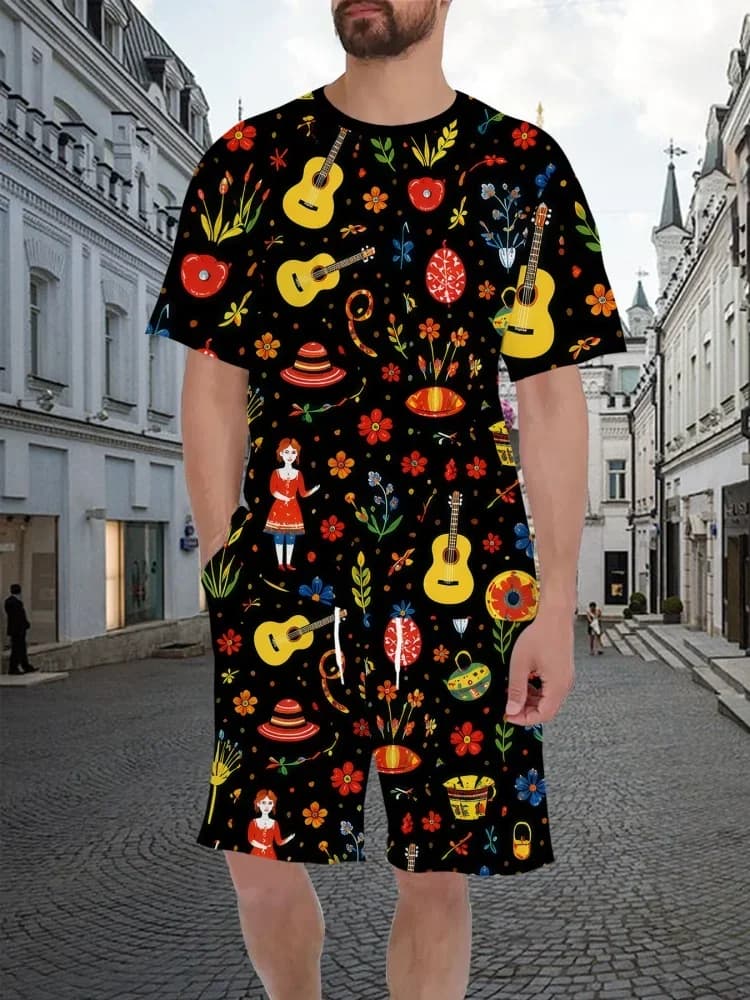 Funny 3D Graffiti Printed Men's Hawaiian Short Sleeve Sets Fashion O-neck T-shirts Shorts Summer Casual Breathable Outfit