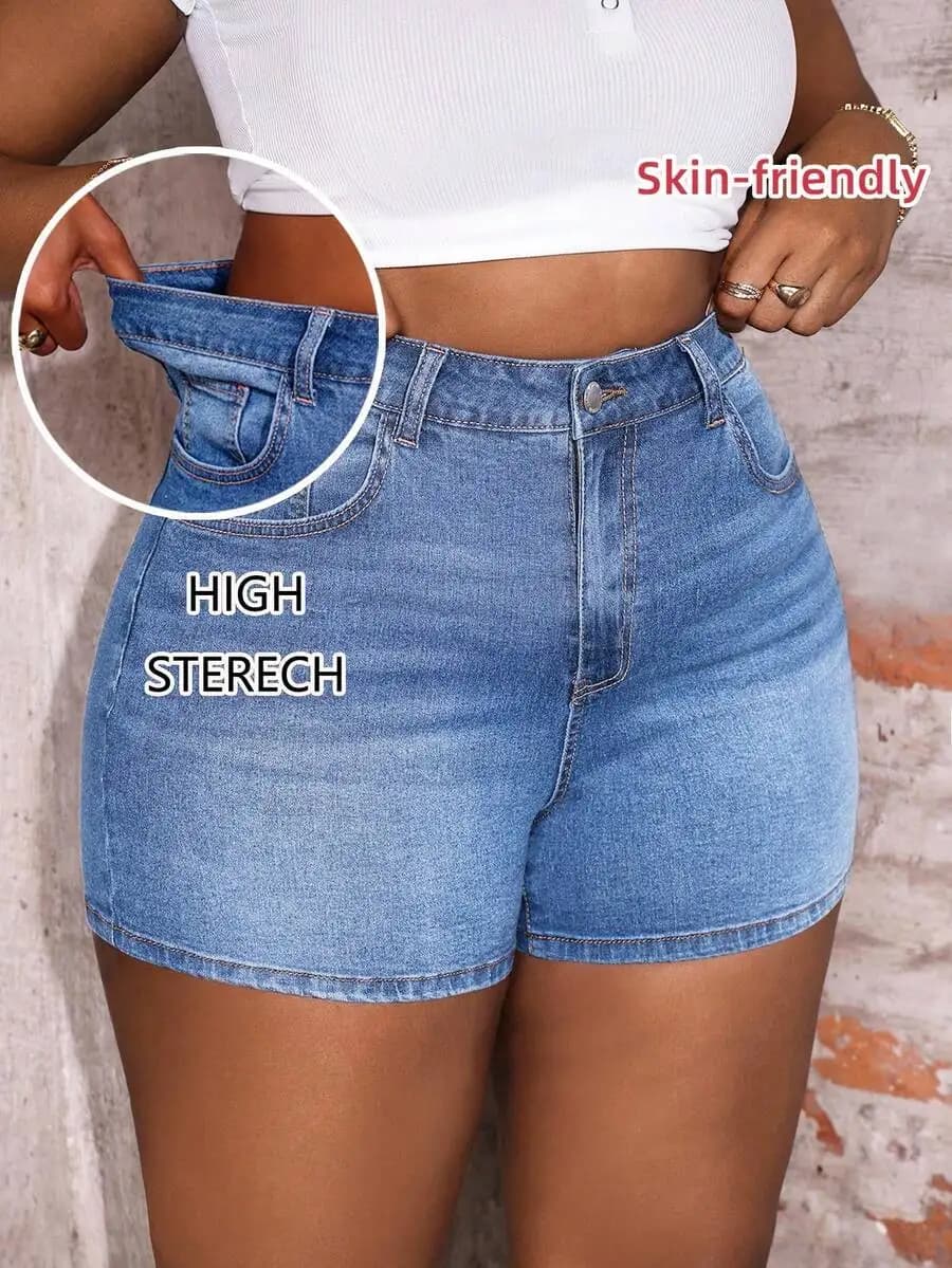 Shorts in Denim Blu a Vita Alta per Donna, Elasticizzati e Casual per l'Estate
