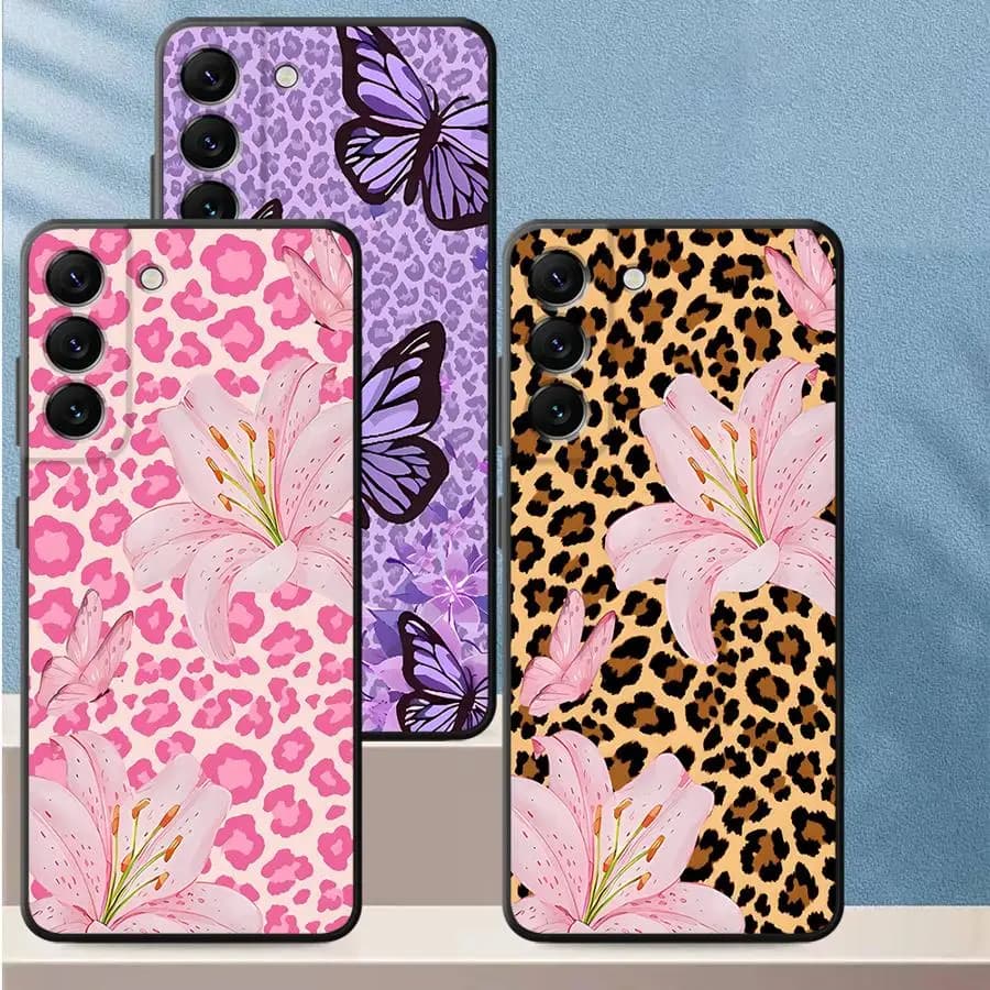 Cover per Telefono Samsung Galaxy A57 A24 A55 A25 A37 A22 A52 A36 A26 A53 A35 A73 A51 A32 A23 A71 A72 con Motivo Farfalla e Leopardo