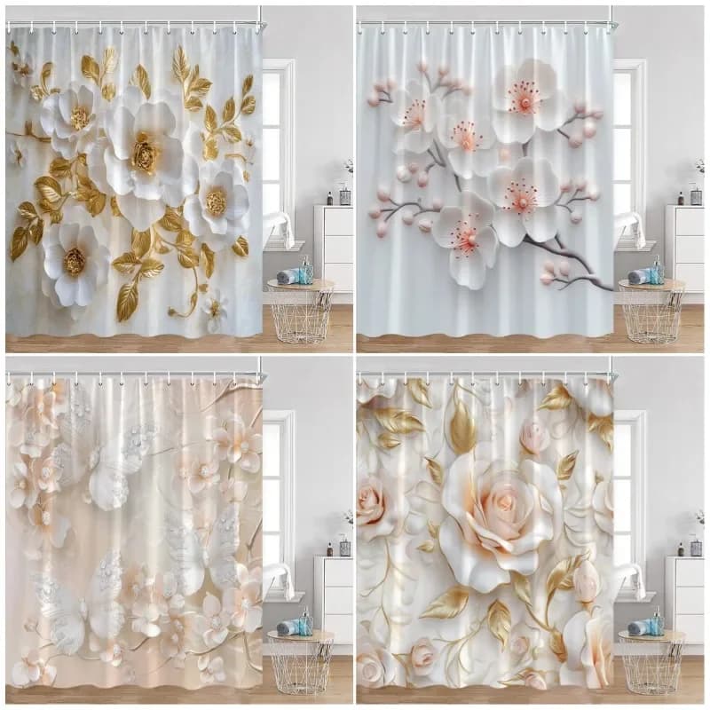 Tenda da doccia floreale bianca oro di lusso Farfalla rosa Fiore di ciliegio Arte moderna Fiore Tessuto in poliestere Tende da bagno Decor