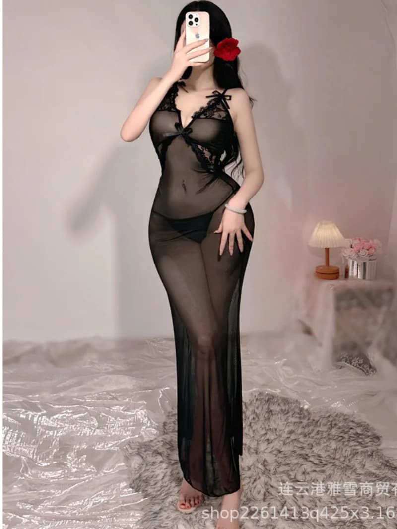 Women's Sexy Underwear Net Charming Lace Mesh Sheer Sweet Dress Long Sexy Dress Elegant Women's Fashion Top 2025 EHU7