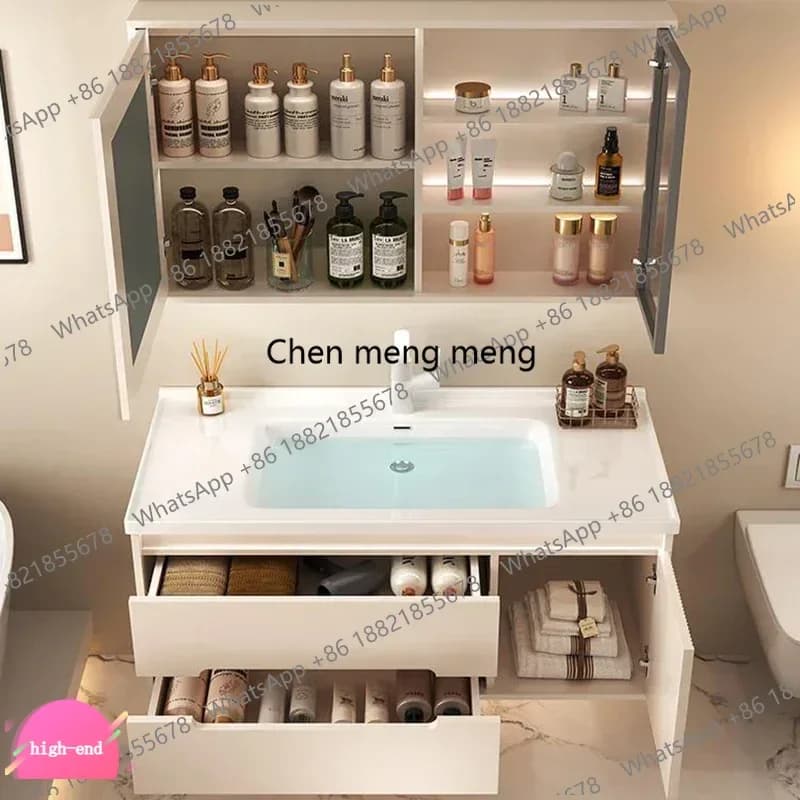 D5556 Mobile da Bagno Moderno Stile Crema, Combo con Lavabo in Ceramica, Specchio e Armadietto, Design Nordico Semplice